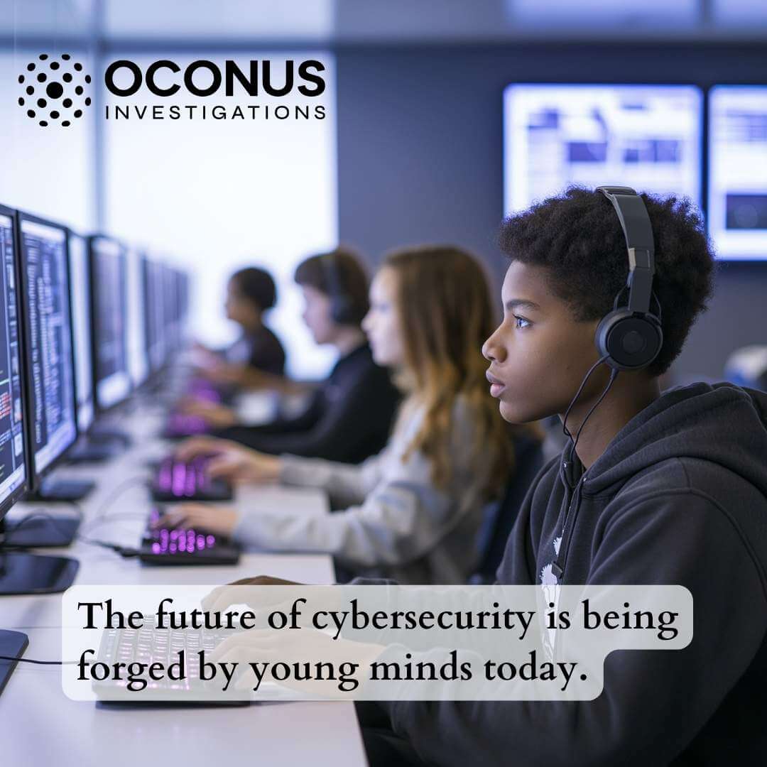A group of diverse young people in a modern cybersecurity lab, sitting in front of rows of computer screens displaying code. The focus is on a young boy with headphones, looking intently at his screen. The background features other students collaborating. The text overlay reads: “The future of cybersecurity is being forged by young minds today.” The OCONUS Investigations logo is in the top left corner.